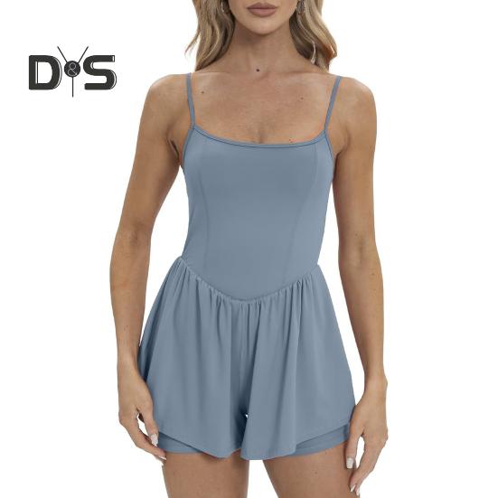 Women's Sleeveless Tennis Dress Summer Pleated Yoga Workout Mini Dresses with Built-in Shorts Spaghetti Strap Athletic Romper Short Sundress