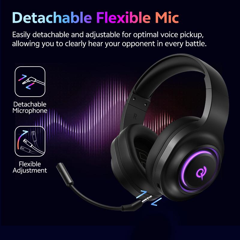 QCY Heroad V200 Wireless Gaming Headset Detach Mic RGB Over Ear Headphone Tri-Mode 7.1 Surround Sound for PC/PS4/5 Headset Gamer
