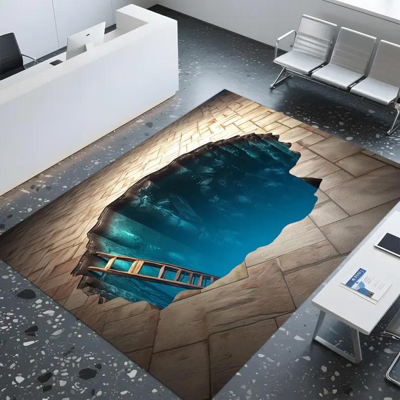 2D Ocean Cave Ladder Optical Illusion Area Rug Non-Slip Washable Bathroom Doormat Carpet Vortex Hole Entrance Entryway Floor Mat
