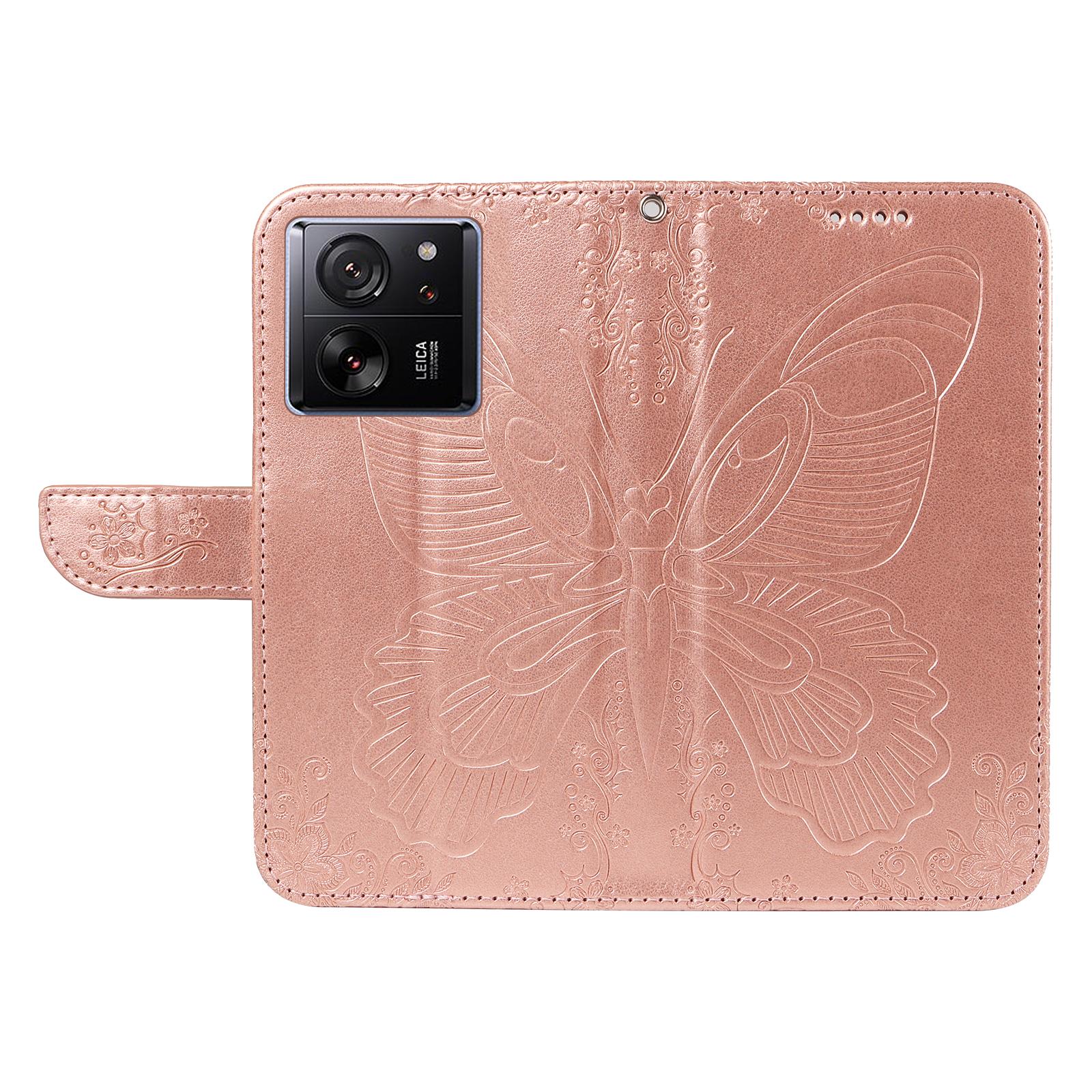 

For Xiaomi 13T Pro/13T/Redmi K60 Ultra Phone Case Butterfly Pattern PU Leather Flip Phone Cover Rose Gold