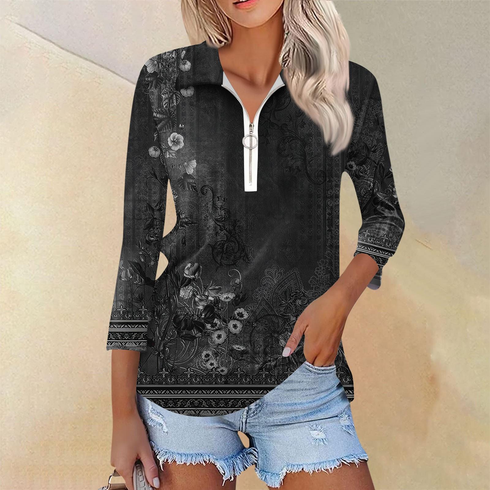 

Женская повседневная футболка с v-образным вырезом и семью рукавами, пуловер с половиной молнии и цветочным принтом, топ L чёрный