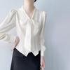 Women Formal Bow Neck Shirt Pearl Cuff Long Sleeve Blouse