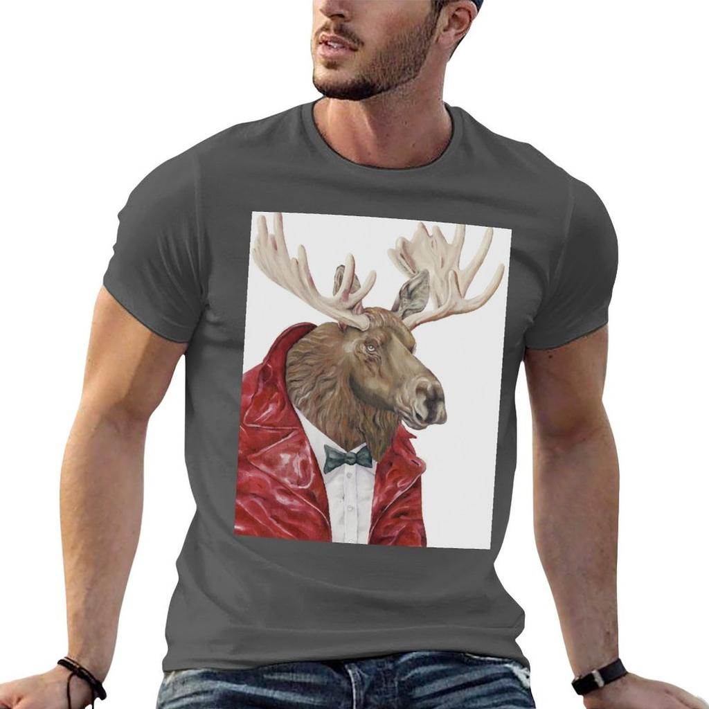 Moose in Leather TShirt Festival Casual Short Sleeve