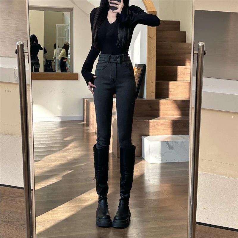 

Smoke Gray Velvet High-Waisted Skinny Jeans for Women - Slim Fit Stretchy Pencil Pants for Autumn/Winter Large