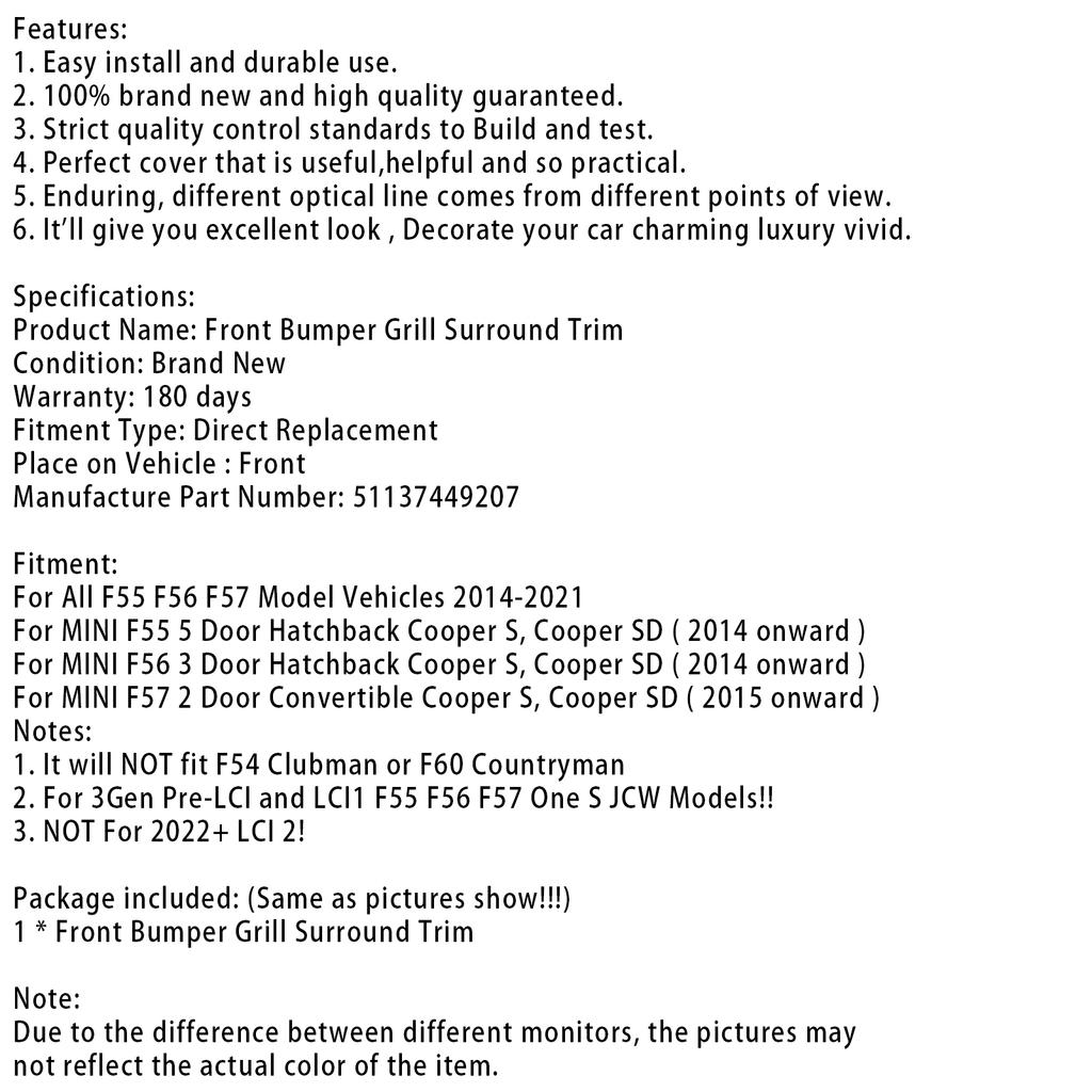 Front Grille Grill Surround 51137449207 Fit Mini Cooper F55 F56 F57 2014-2021