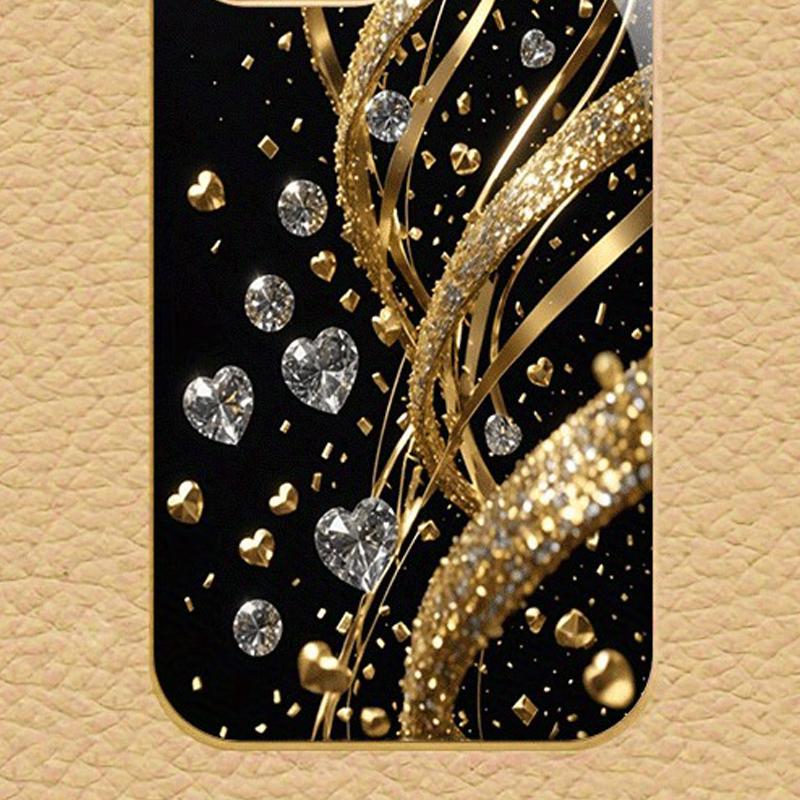 Goud Diamant Hartpatroon Gouden Metallic Verf Glazen Telefoonhoesje Voor iPhone 17 Pro Max 11 12 13 14 15 16 Plus 17 Air 16E Cover
