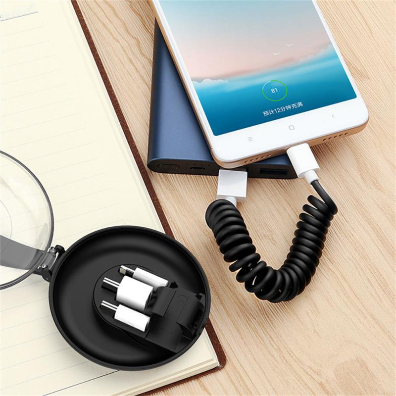 Portable Telescopic Spring Data Cable With Storage Box 3-in-1 Charging And Data Transfer Usb