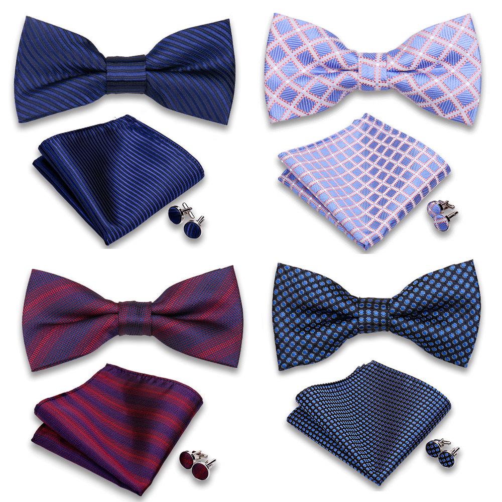 Men's Formal Bow Tie and Pocket Square Set for Banquets and Weddings, with Lapel Flower.