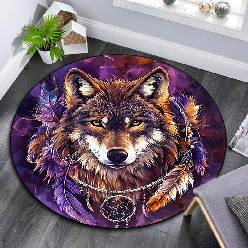 Wolf Dreamcatcher Round Area Rug,Carpet Rug for Living Room Bedroom Sofa Playroom Decor,Non-slip Floor Mat