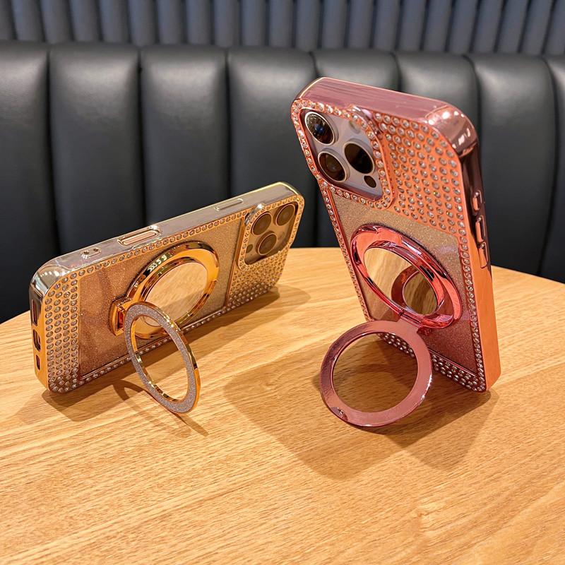 Applicable To Apple 16 ProMax Diamond inlaid Flash Powder Mirror Bracket Mobile Phone Case Magnetic IPhone 15 Luxury Protective Case