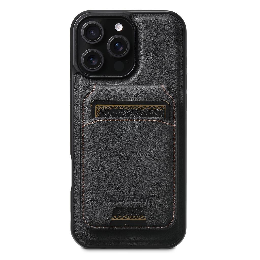 SUTENI M5 For iPhone 16 Pro Magnetic Case with Card Bag Cowhide Texture Leather Phone Back Cover