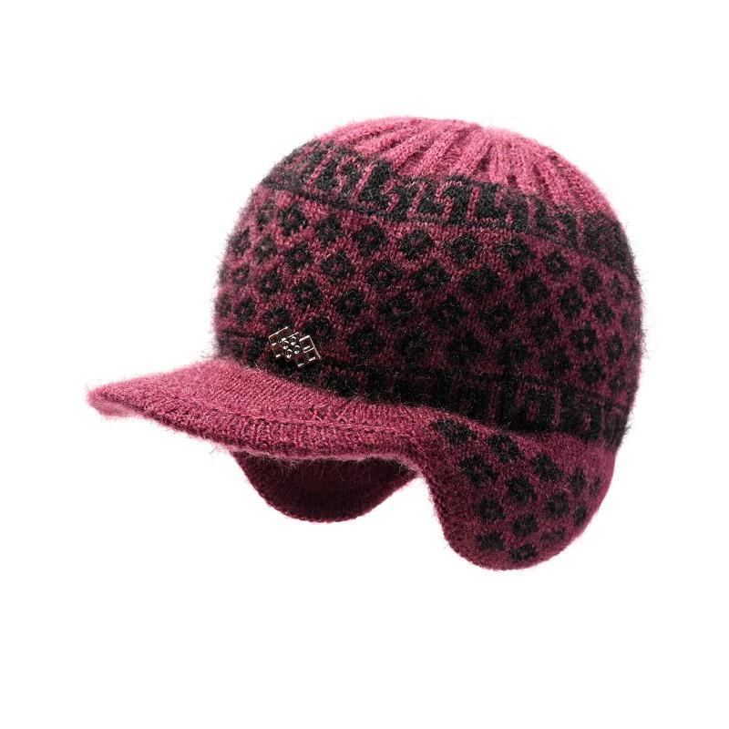 Hat Women's Autumn and Winter New Big Brim Wool Hat Old Lady Fleece Warm Ear Protector Knitted Hat