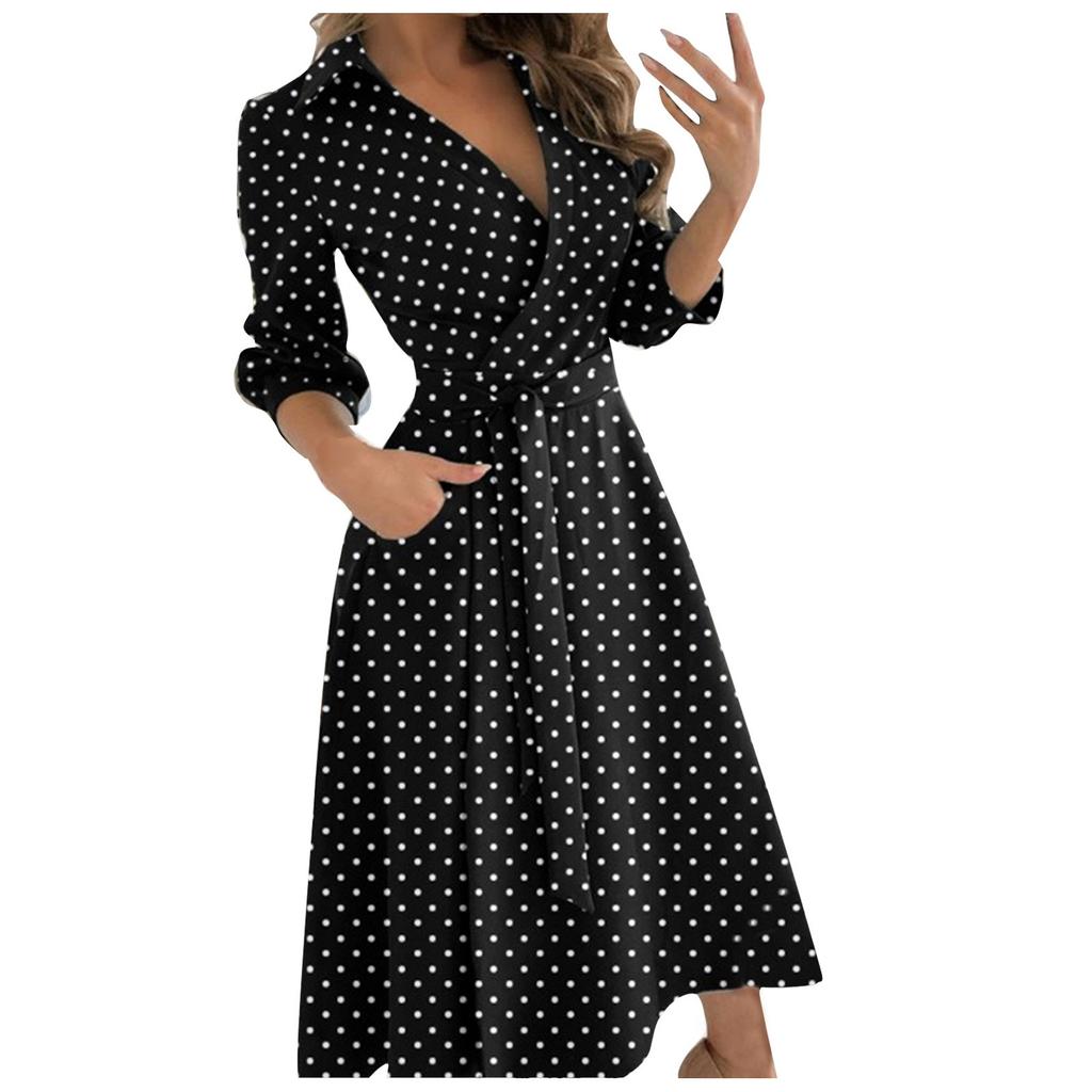 Fashion Women's Casual Lapel Printed Seven-Part Sleeve Dress Long Dress