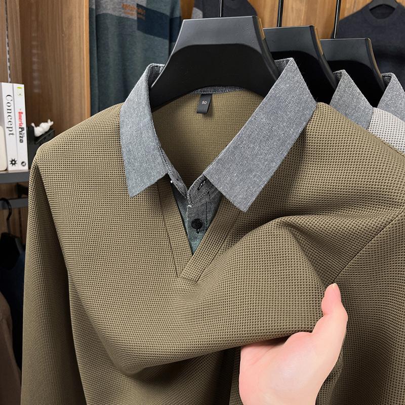 

Soft And Comfortable Men S Fake Two-Piece Autumn Solid Color Simple Quality Long Sleeve T-Shirt Classic Versatile Trend Menswear M хаки