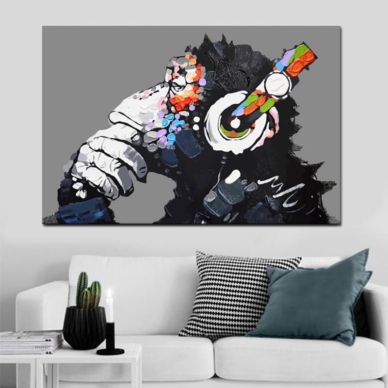 Modern Graffiti Art Animal Poster Print Trend Gorilla Monkey Listening To Music Canvas Painting  for Living Room Home Wall Decor