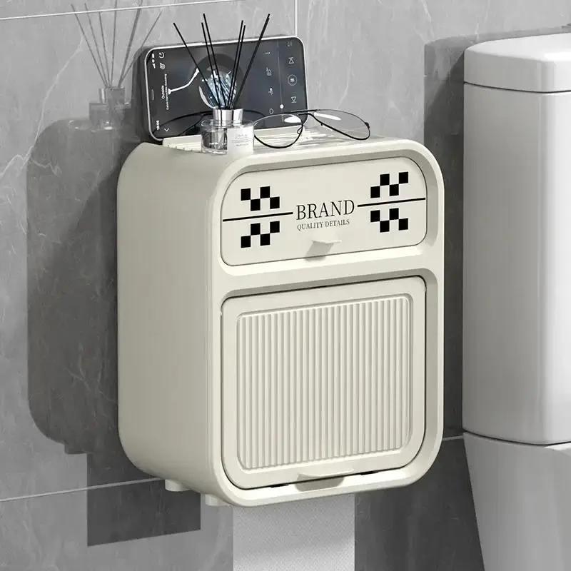 Nordic Style Checkerboard Bathroom Paper Towel Box Double Layer Shelf Waterproof No Perforated Wall Mounted Roll Paper Boxes