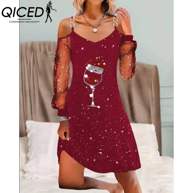 

QICED Женская мода Весна Осень Однотонный принт Длинный рукав V-образный вырез Высокая талия Повседневные платья M бордовый