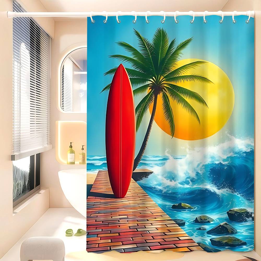 Beach Scenery Shower Curtain Bath Curtain Print Polyester Fabric Waterproof Bathroom Curtains With Hooks Bath Screen