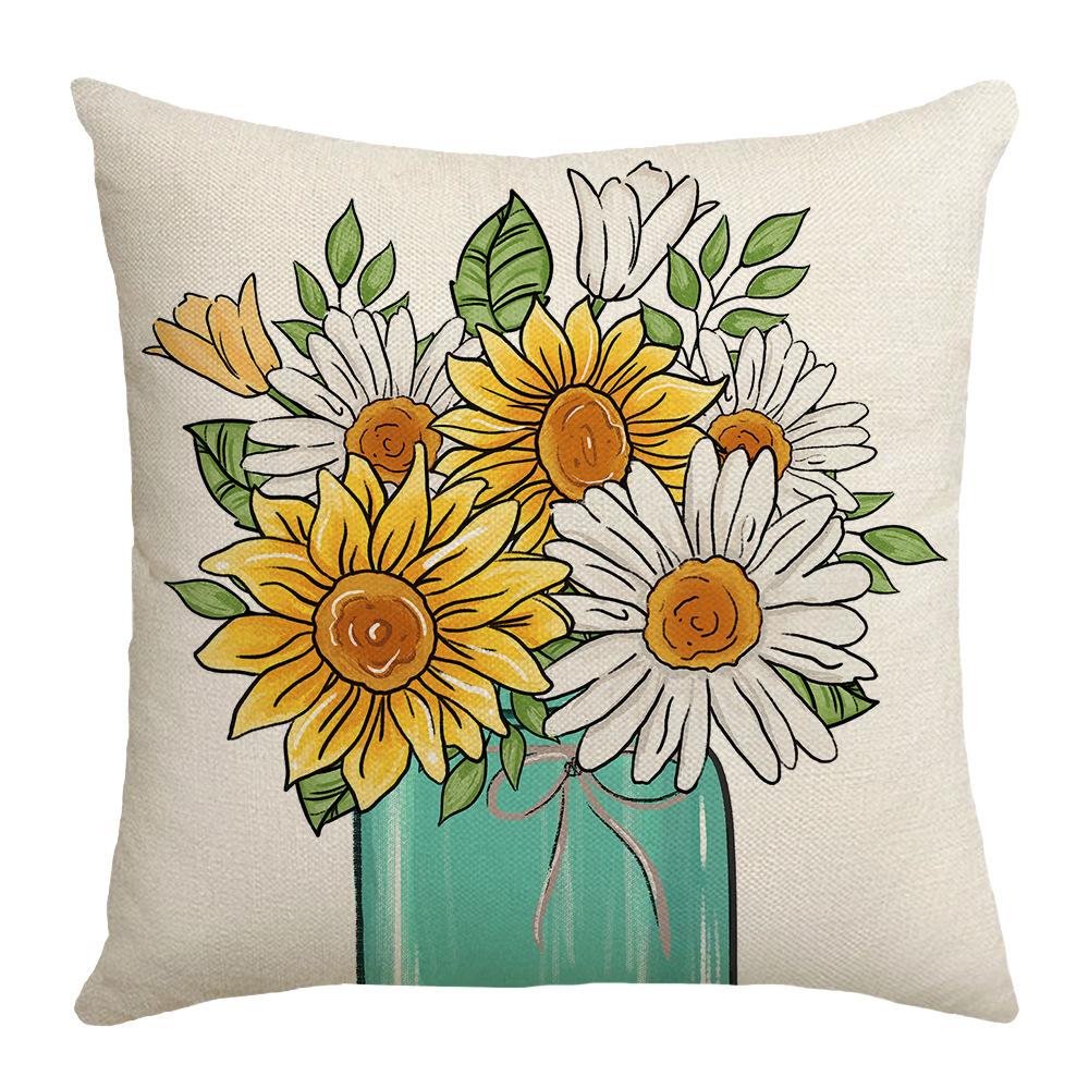 Sunflower Print Cushion Cover Pillow Cover Daisy Print Cushion Cover Linen Print Cushion Cover Living Room Print Cushion Cover