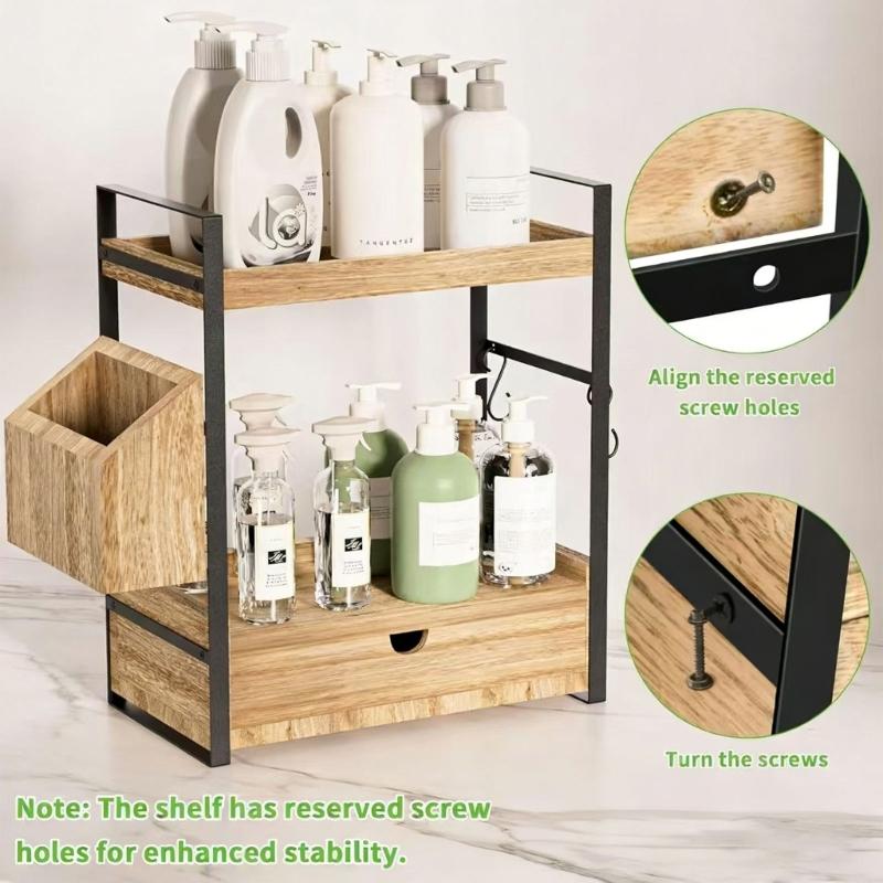 Stylish Wood Countertop Shelf With Open Storage Design For Makeup And Skincare Products