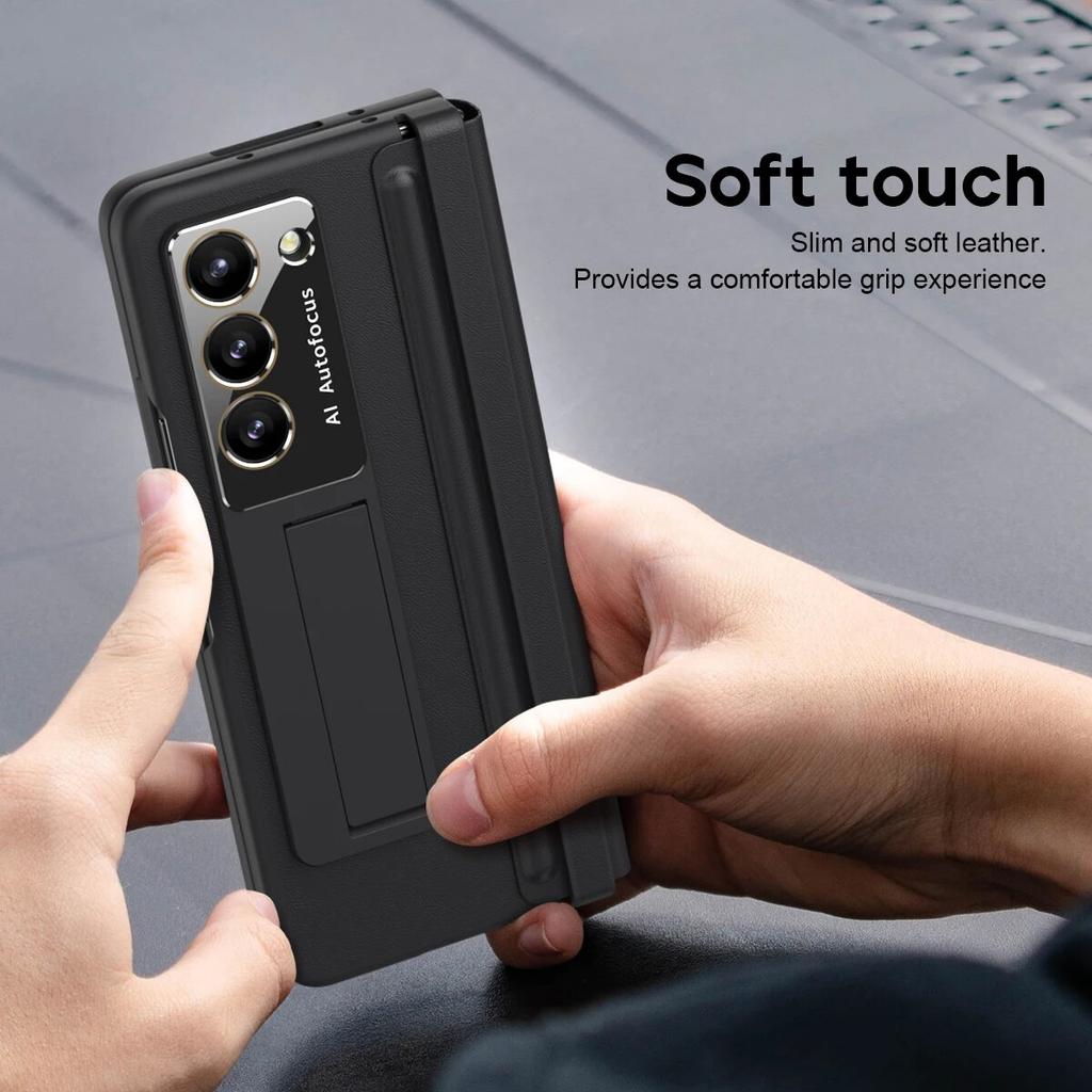 Luxury Leather with Holder Z Fold5 Hinge Protector Case for Samsung Galaxy Z Fold 5 4 5G Case with Glass Screen Protector Cover