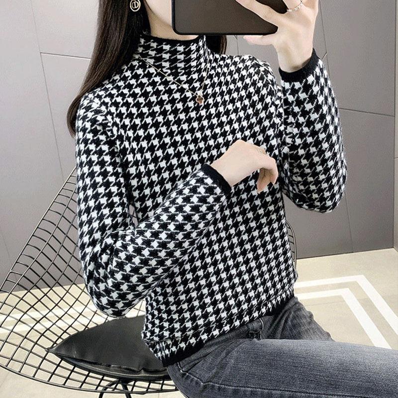 Pullover Basis Pullover Frauen im Herbst und Winter verdickt und warm ein Fischgräten halb hohen Hals schlanke Strickpullover innen