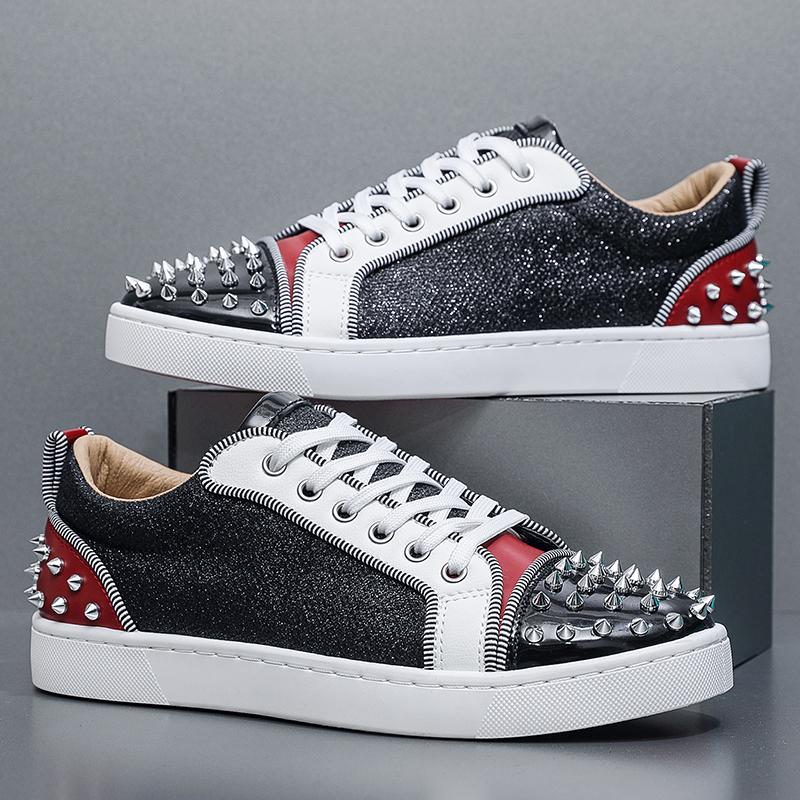 Mode Leder Canvas Atmungsaktiv Höhenvergrößernd Flache Plateau Weiße Schuhe Sneaker Lässig Herren Designer Nieten Punk Board Schuhe