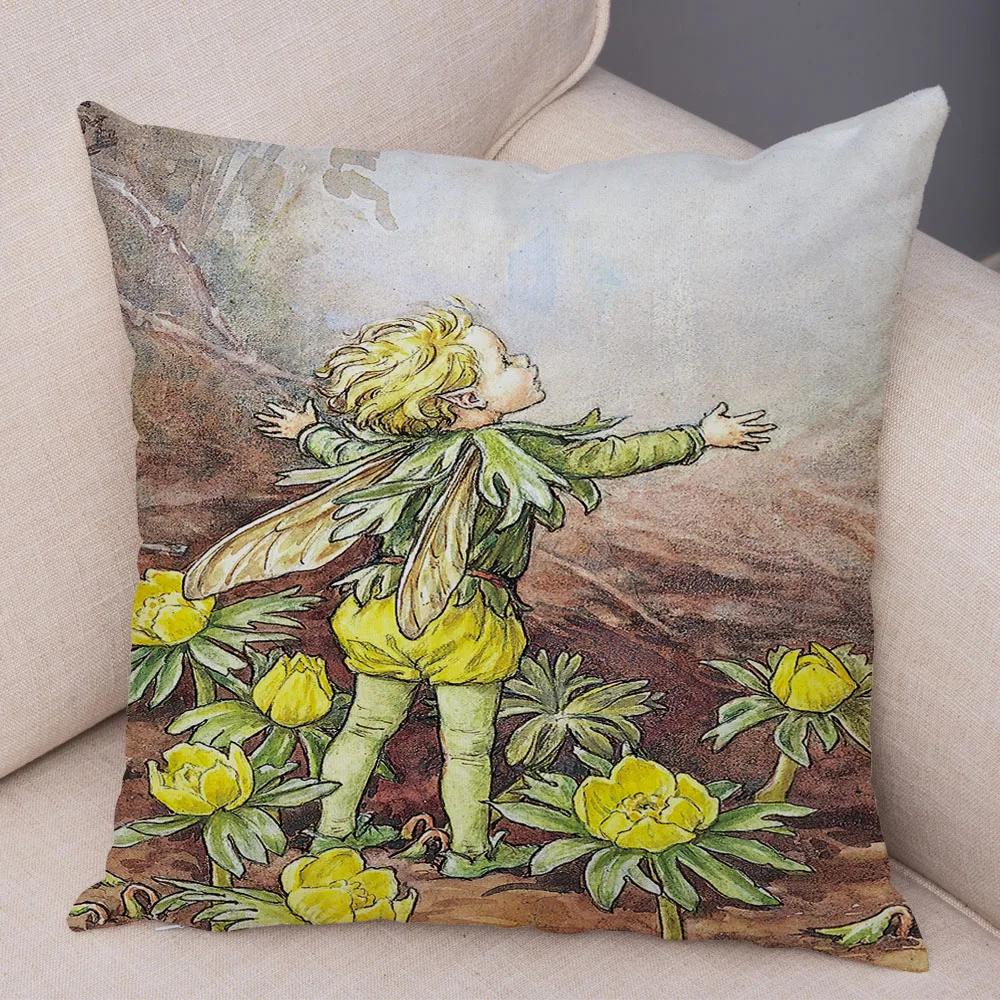 Vintage Cartoon Elfen Kissenbezug Dekor Bunte Märchenwelt Kissenbezug Plüsch Blumenmädchen Kissenbezug für Sofa Zuhause