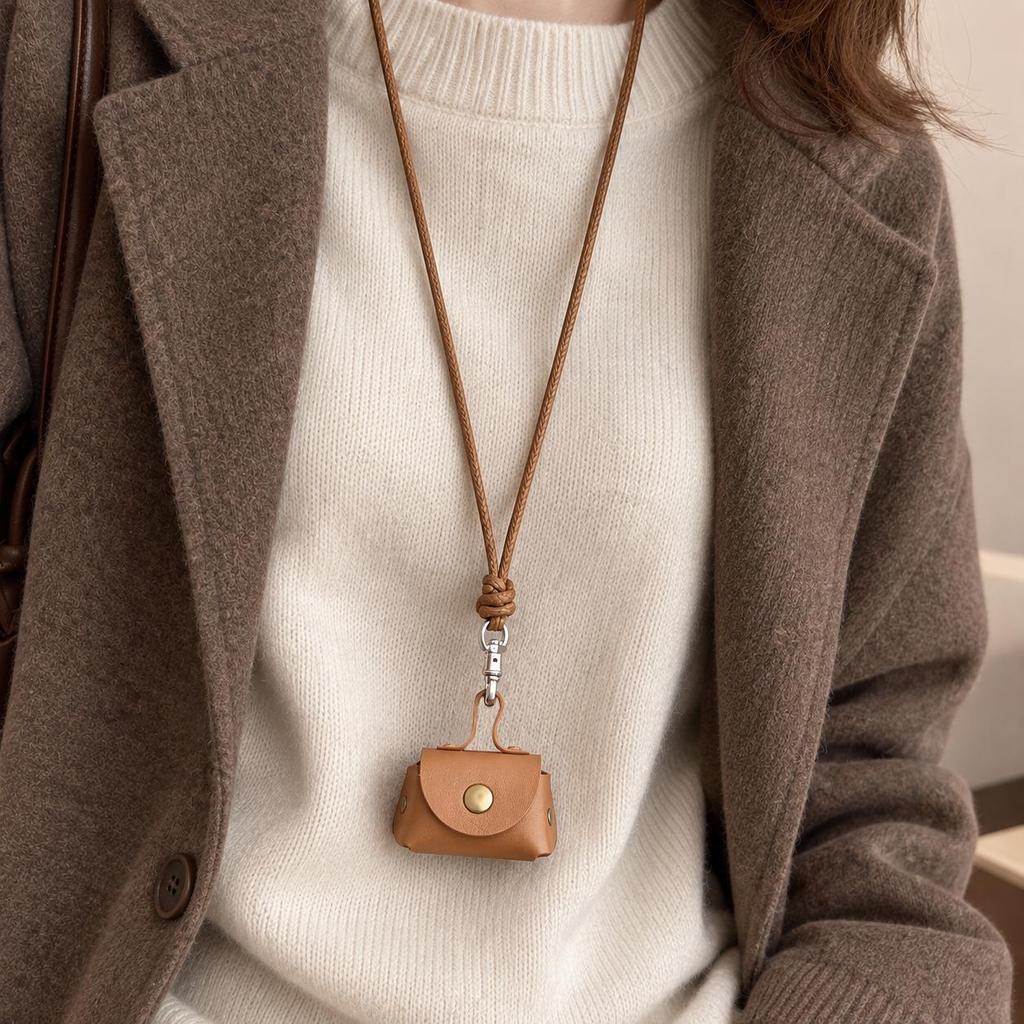 Leather Coin Necklace Pendant with Long Rope & Earphone Case
