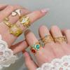 Retro Luxury Gold Tone Colorful Gemstone Flower Hollow Heart Star-Moon Open Rings Women's Stainless Steel Stackable Ring Jewelry