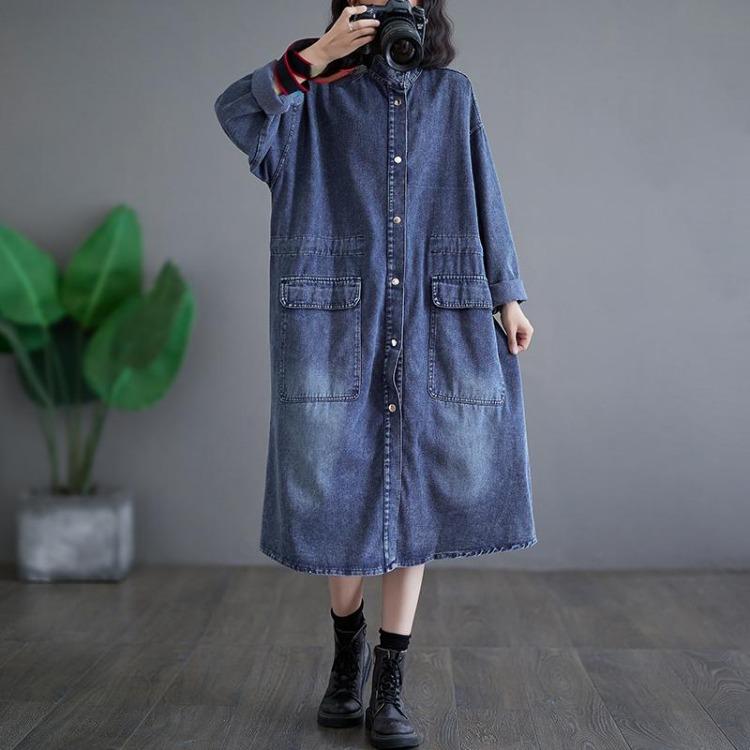 Vintage Denimmantel Frühling Damen Übergröße Lässig Lange Jacke Locker Übergröße Baumwolle Taschen