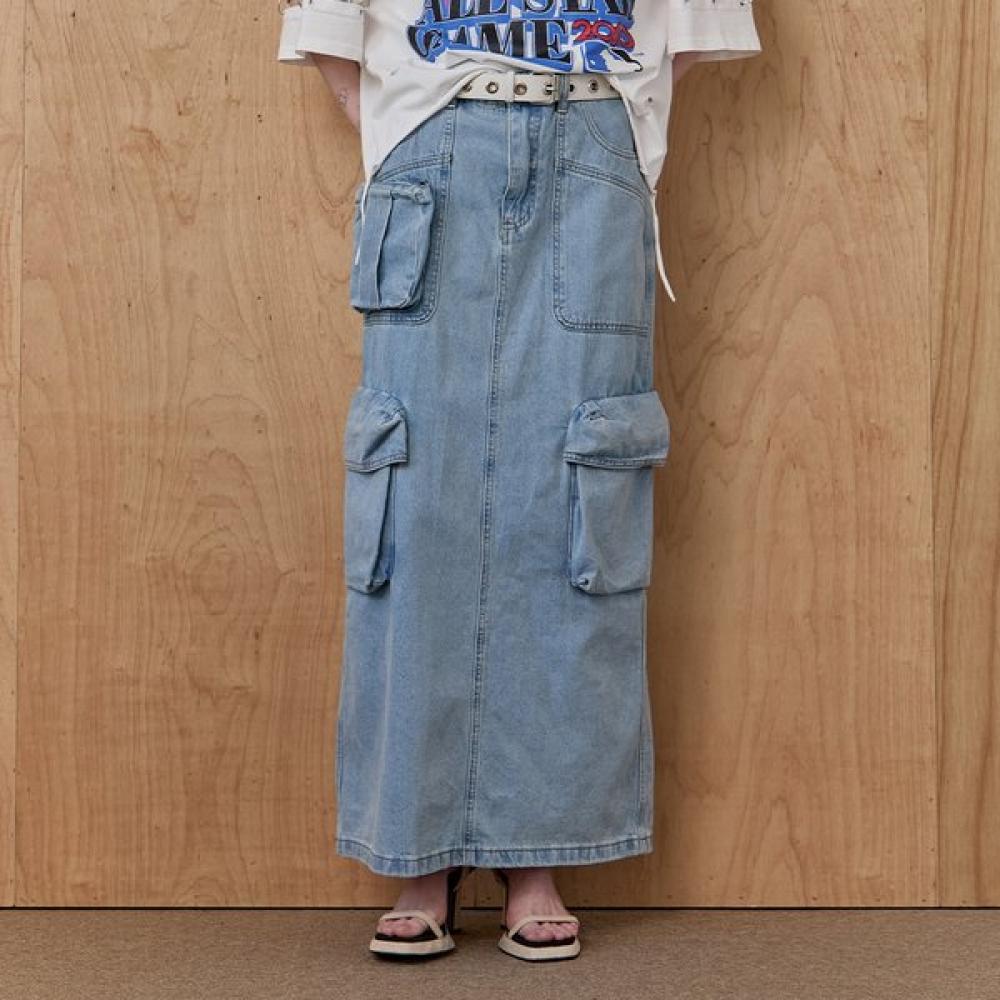 Maxza Out Pocket Back Slit H Line Cargo Denim Long Skirt Ze07qs003na Blue/55