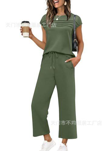 European and American women's clothing is popular, spring and summer knitted short-sleeved wide-leg pants casual two-piece set