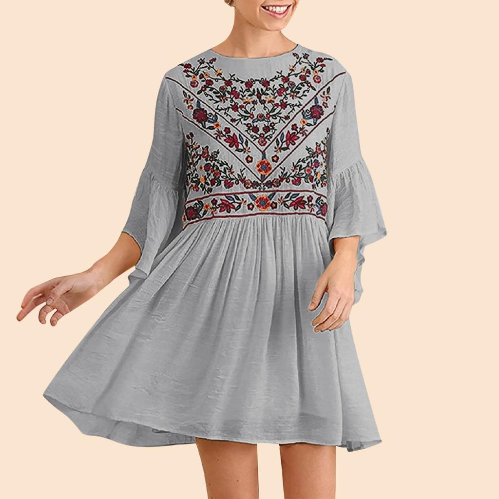 Fashion Womens Loose Summer Short Sleeve Embroidery Print Flared Sleeve Dress
