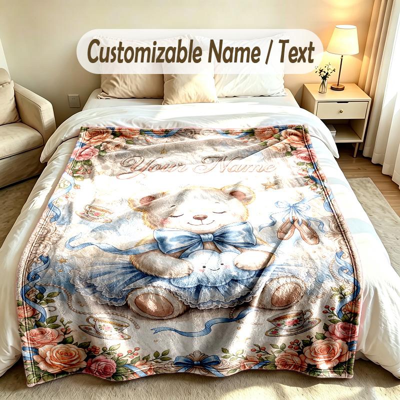 Teddy Bear Theme Custom Blanket Personalized Name & Text Customized Soft Warm Throw Blanket Home Decor