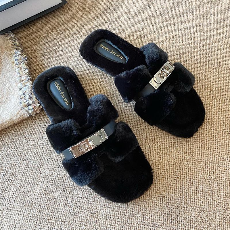 666-8 Korean version of small gold buckle outer wear Mao Mao shoes women's autumn and winter 2025 new thickened plush Mao slippers cotton shoes