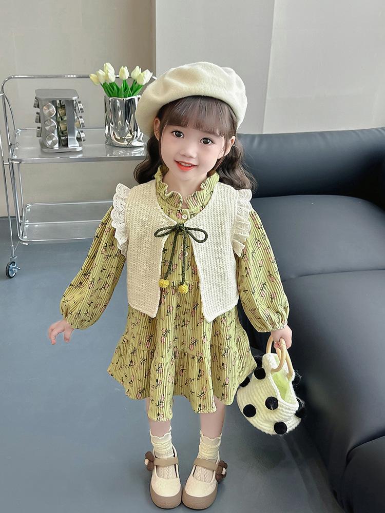 Girls' Stylish Princess Vest Dress Set – Long-Sleeve Floral for Spring & Autumn 2025