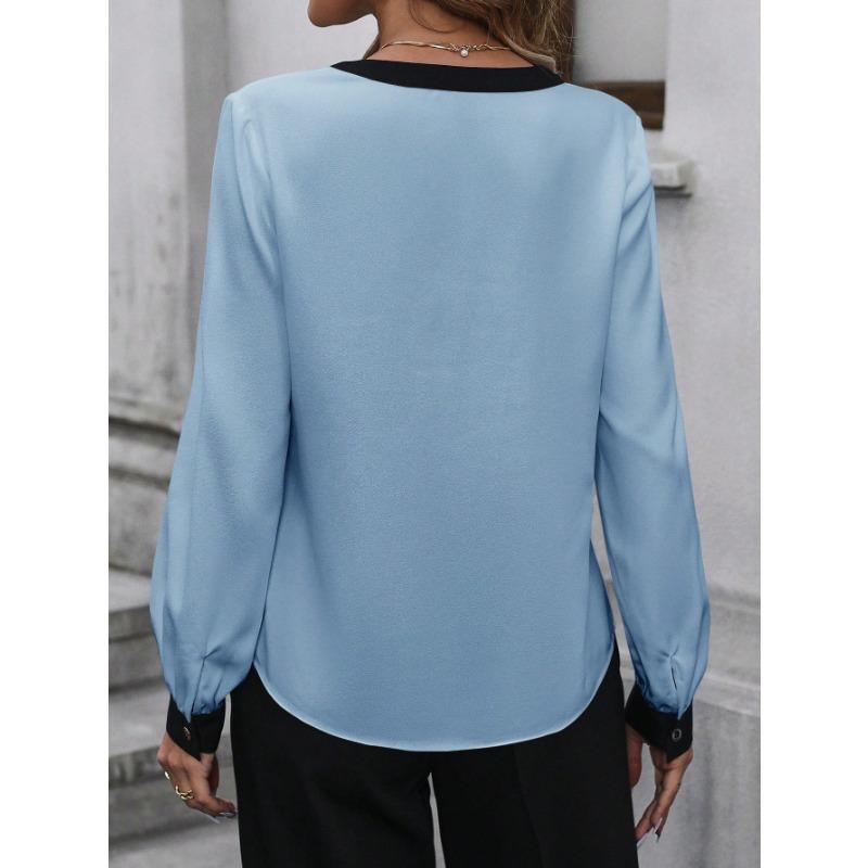 Womens V Neck Long Sleeve Contrast Color Blouse