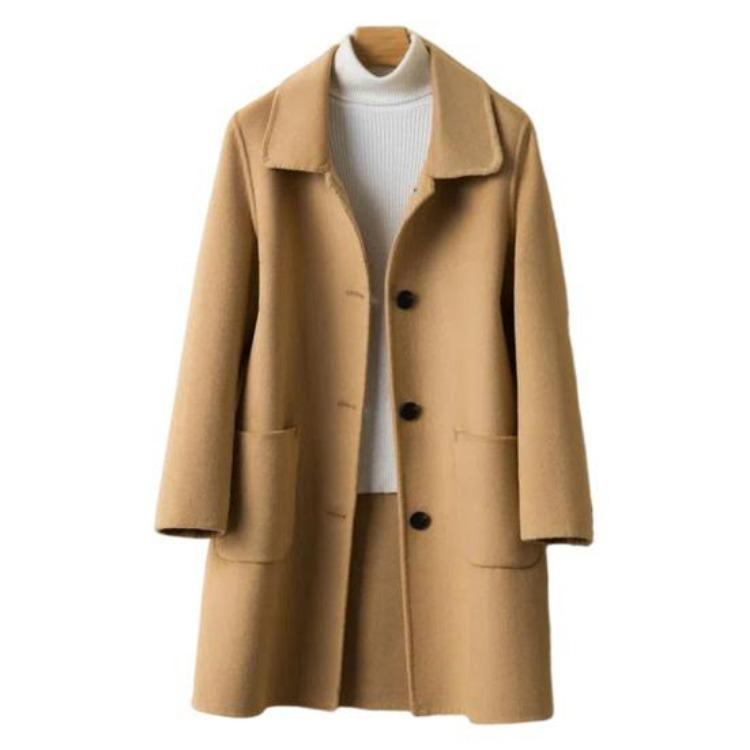Abrigo de Lana Cálido para Mujer Corte Holgado Solapa Simple Chaqueta Térmica de Manga Larga con Doble Bolsillo Para Ir al Trabajo Cita