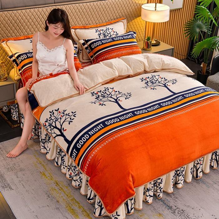 Thickened Milk Fleece Four-Piece Warm Double-Sided Coral Fleece Quilt Cover Flannel Sheet Bed Skirt Bedding