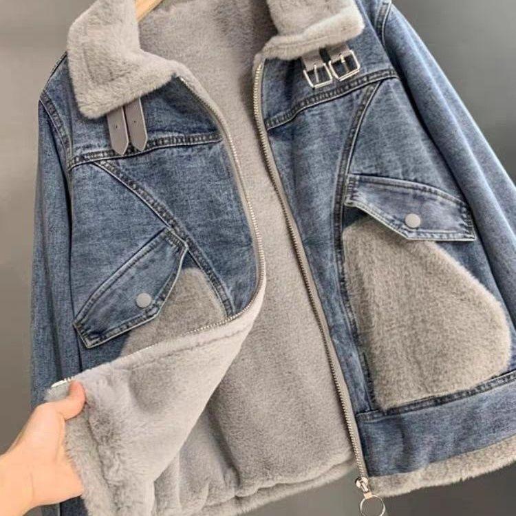 Cozy Denim Jacket with Faux Mink Fur Trim, Ideal for Fall and Winter