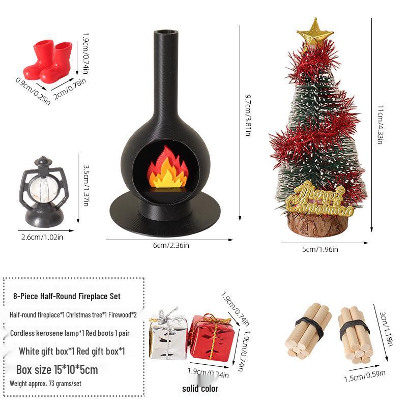Miniature Christmas Scene Fireplace Ornament with Tree Accessories