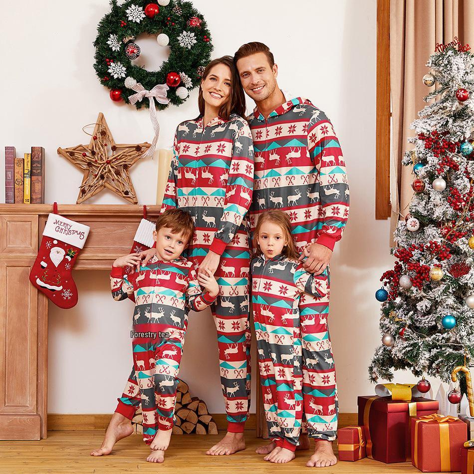 European & American Christmas Family Pajama Set - Print Top, Long Sleeve, Long Pants