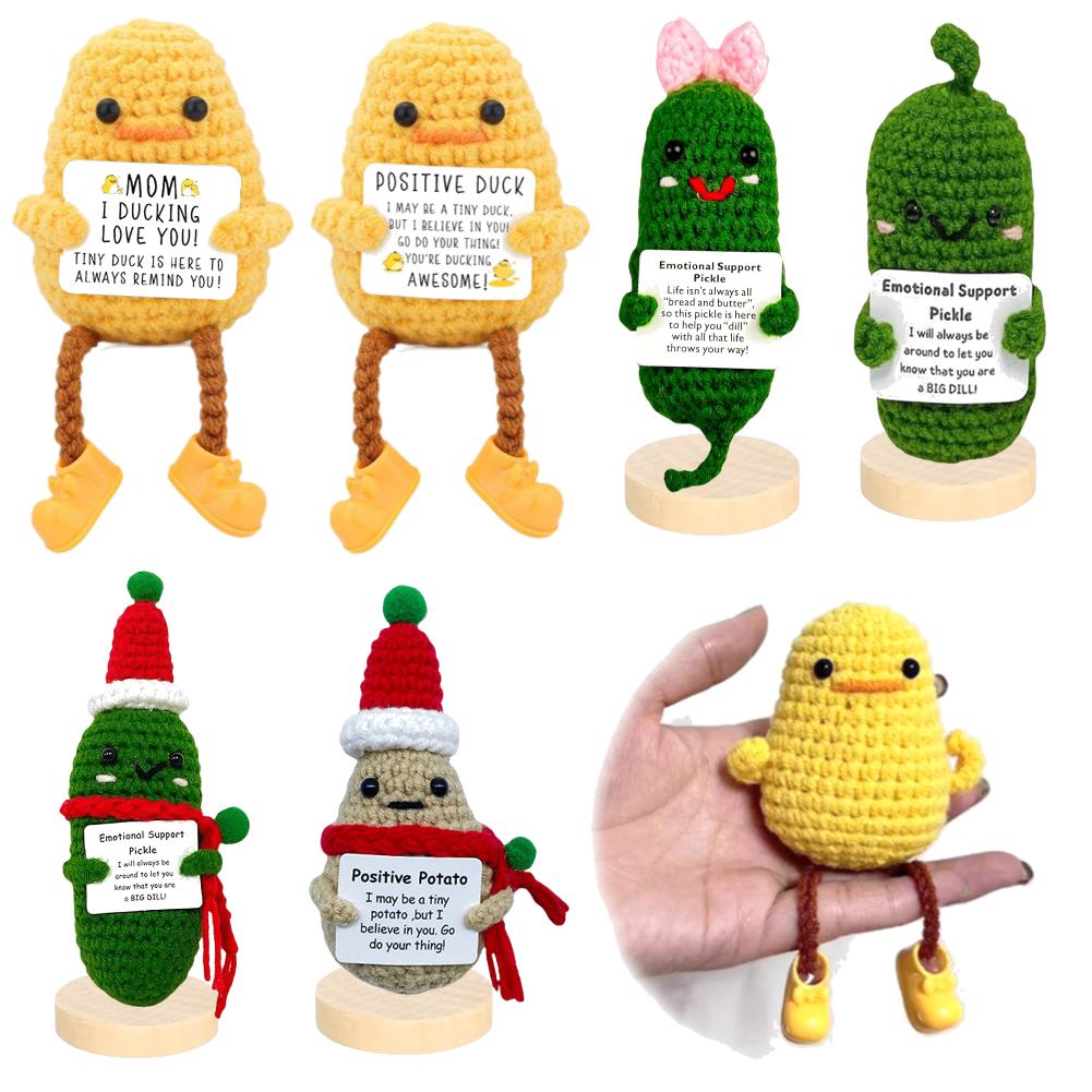 Crochet Positive Energy Duck with Card Mini Pocket Hug Handmade Plush Knitted Potatoes Hand-woven Doll Desktop Decor Birthday Gi