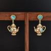 Turquoise Enamel Wine Pot Earrings: Gold-Plated Crystal Earrings in New Chinese Style