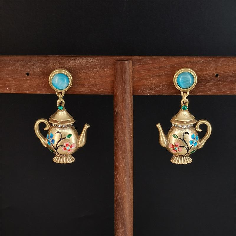 Turquoise Enamel Wine Pot Earrings: Gold-Plated Crystal Earrings in New Chinese Style