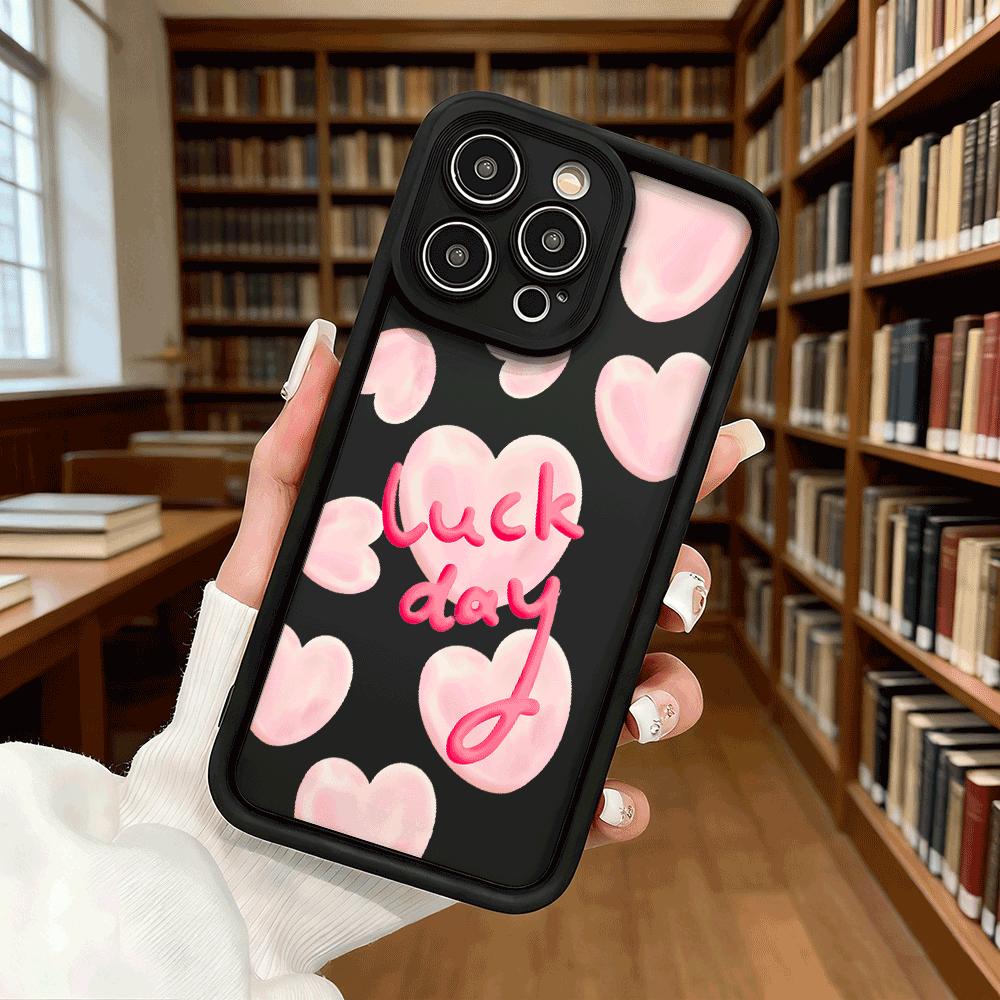 Pink Hearts with 'Luck day' Text Phone Case for iPhone 17 16 15 14 13 12 11 Pro Max Plus Anti Scratch, Gel Flexible Protective