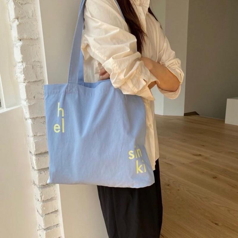 

South Korea Unfold Niche Color Letters Simple Ins Cotton Canvas Bag Mist Blue Shoulder Student Schoolbag