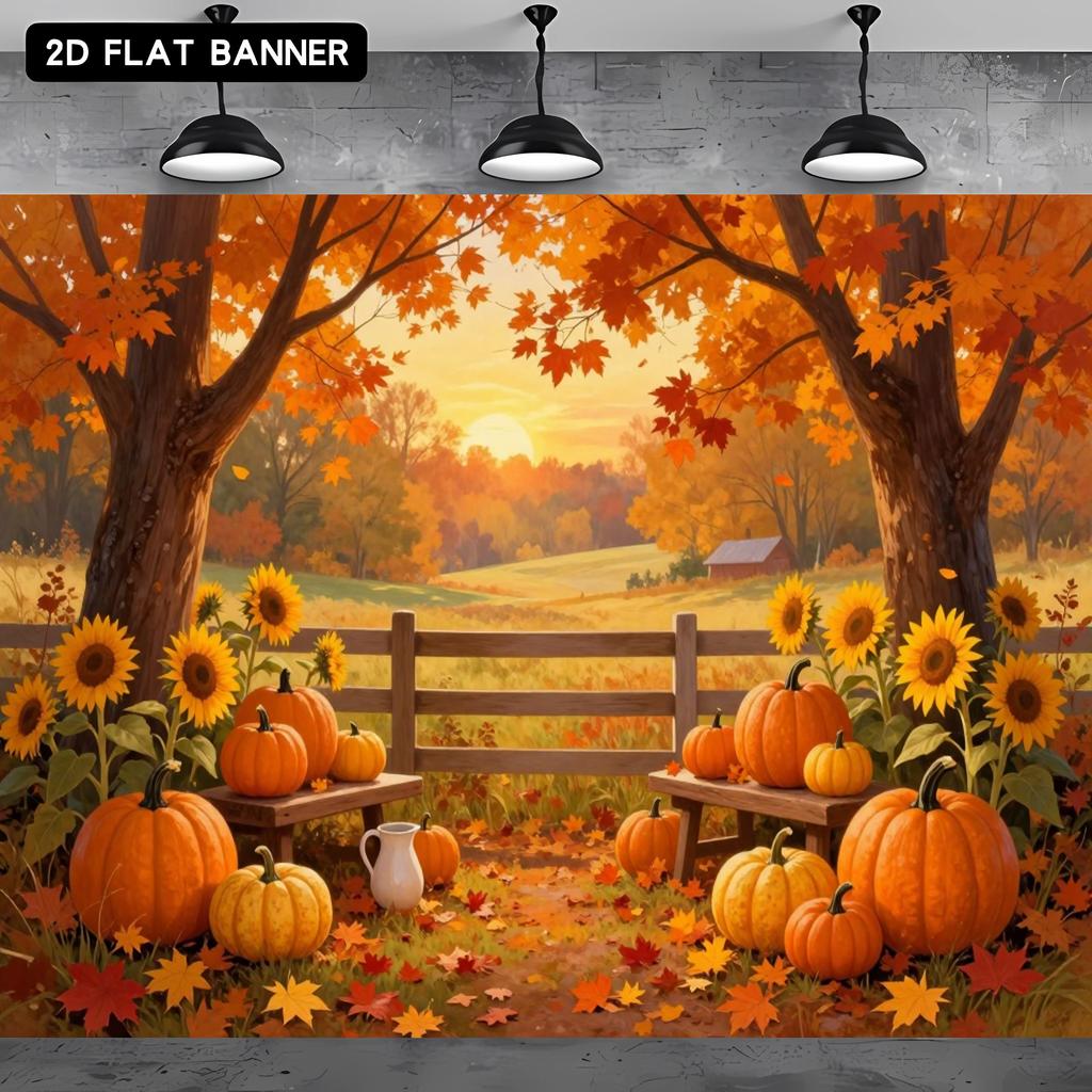 2D Flat Banner 1 Piece - Thanksgiving Autumn Party Background Fabric, Harvest Pumpkins and Sunflowerszyc