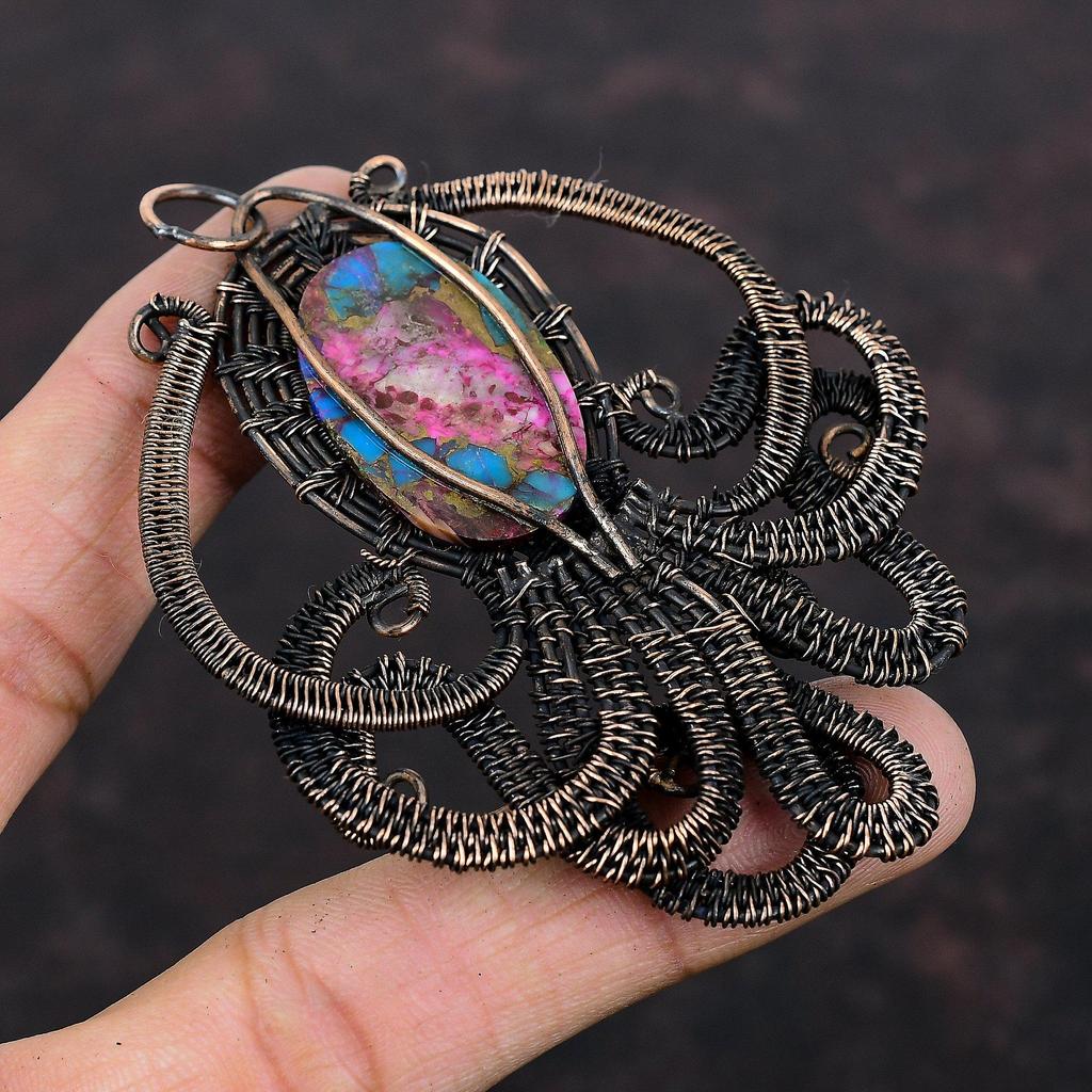 Natural Kingman Pink Dahlia Turquoise Pendant Copper Wire Wrapped Pendant Gemstone Jewelry Handmade Octopus Pendant Copper Jewelry For Gift